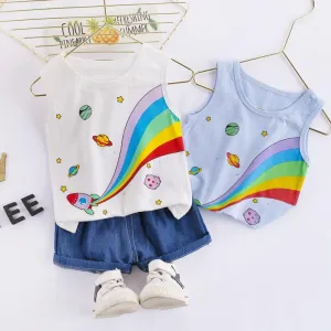 2PCS Cartoon Rainbow Print Top and Cowpants