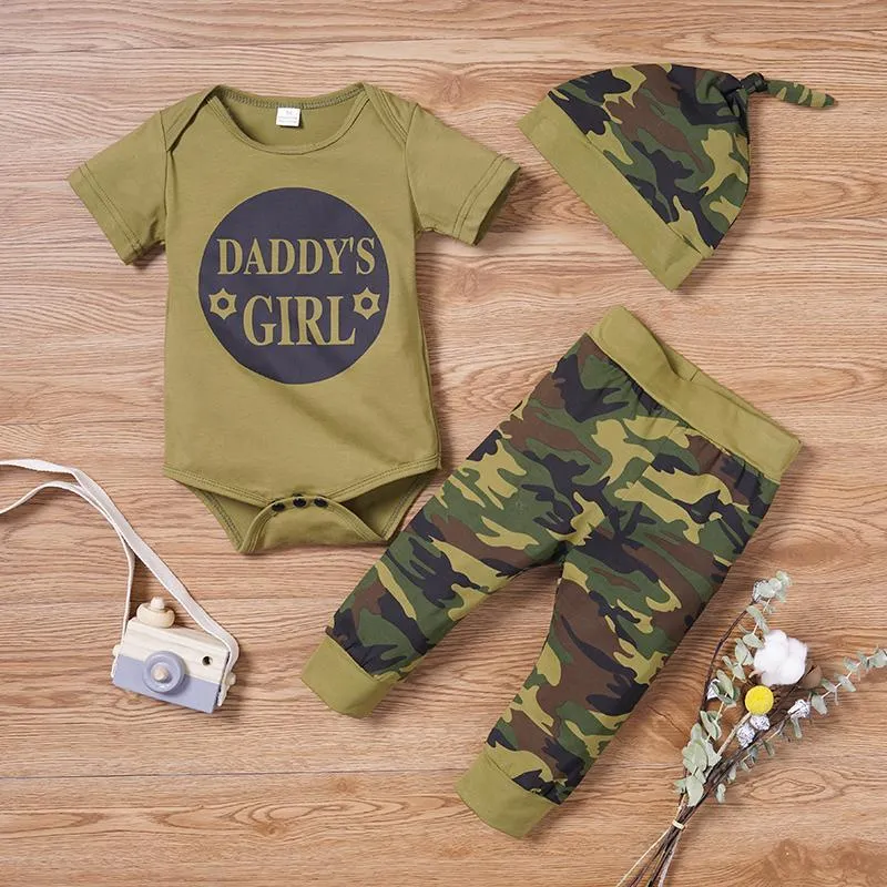 3-Piece Short-Sleeve Letter Print Bodysuit, Camouflage Pants and Hat for Baby Clothing Wholesale