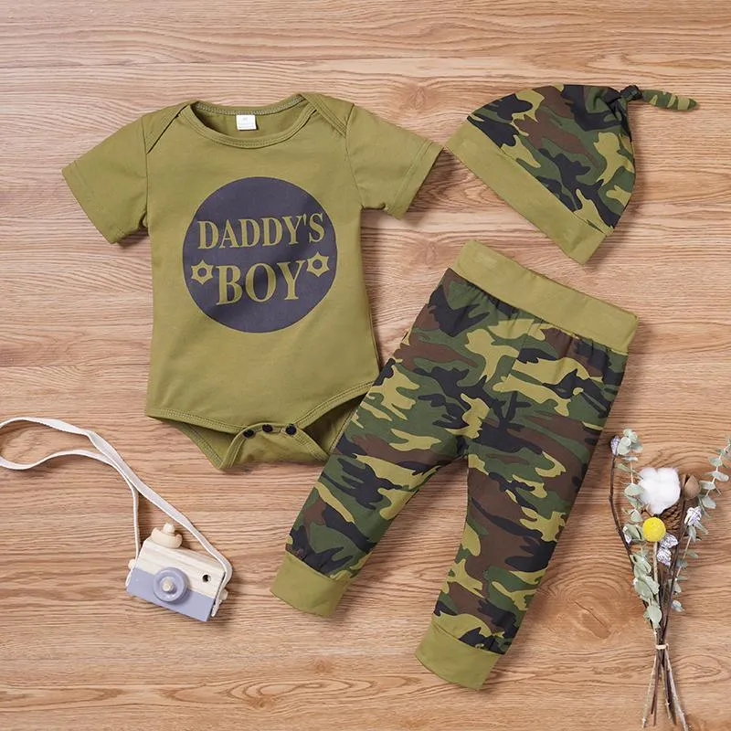 3-Piece Short-Sleeve Letter Print Bodysuit, Camouflage Pants and Hat for Baby Clothing Wholesale