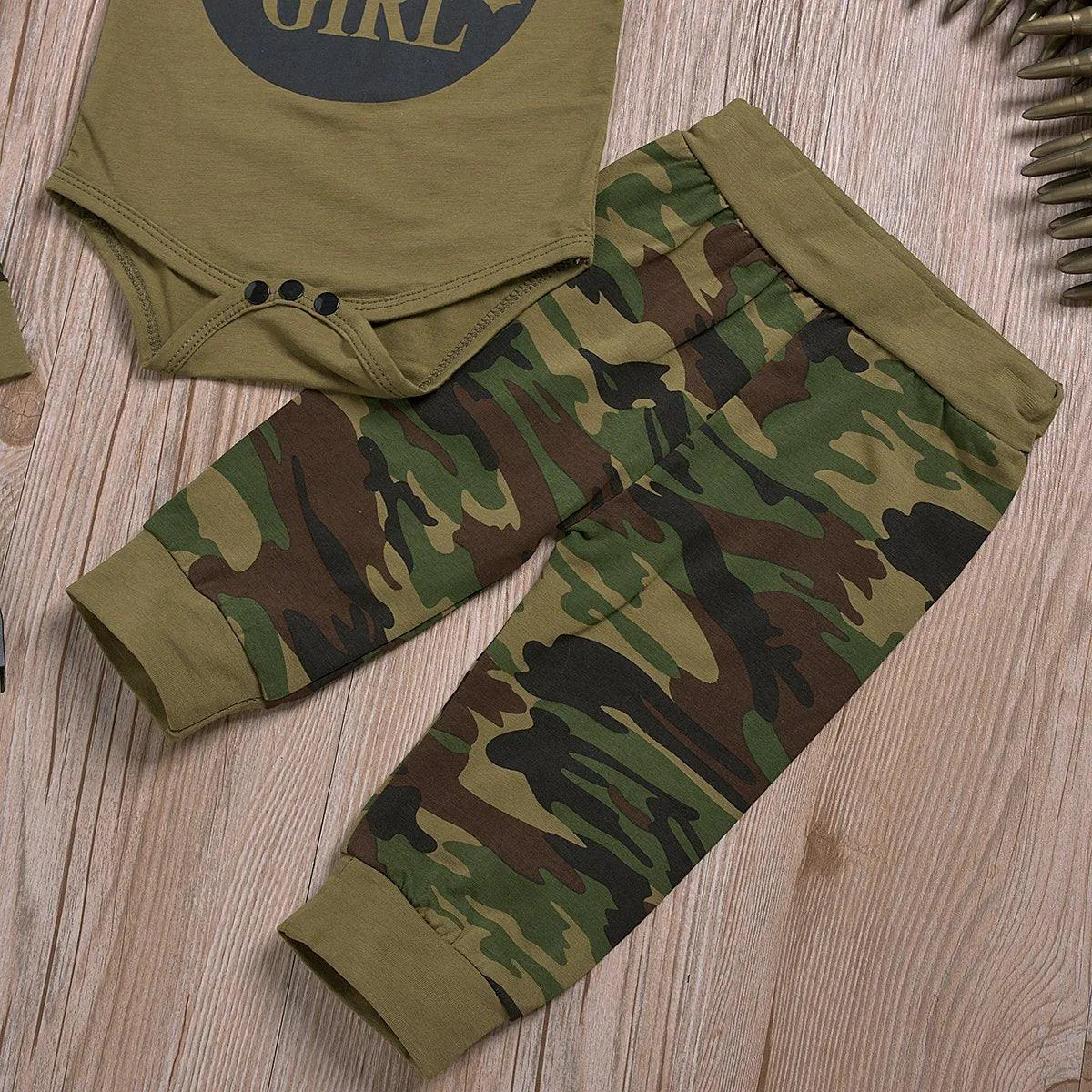 3-Piece Short-Sleeve Letter Print Bodysuit, Camouflage Pants and Hat for Baby Clothing Wholesale