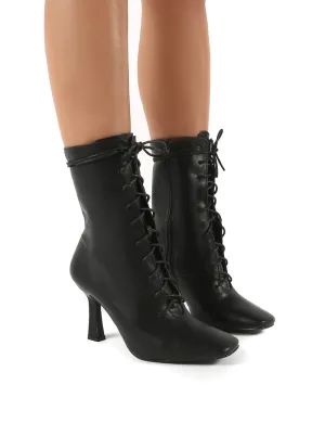 Bianco Black Pu Lace Up Heeled Ankle Boots