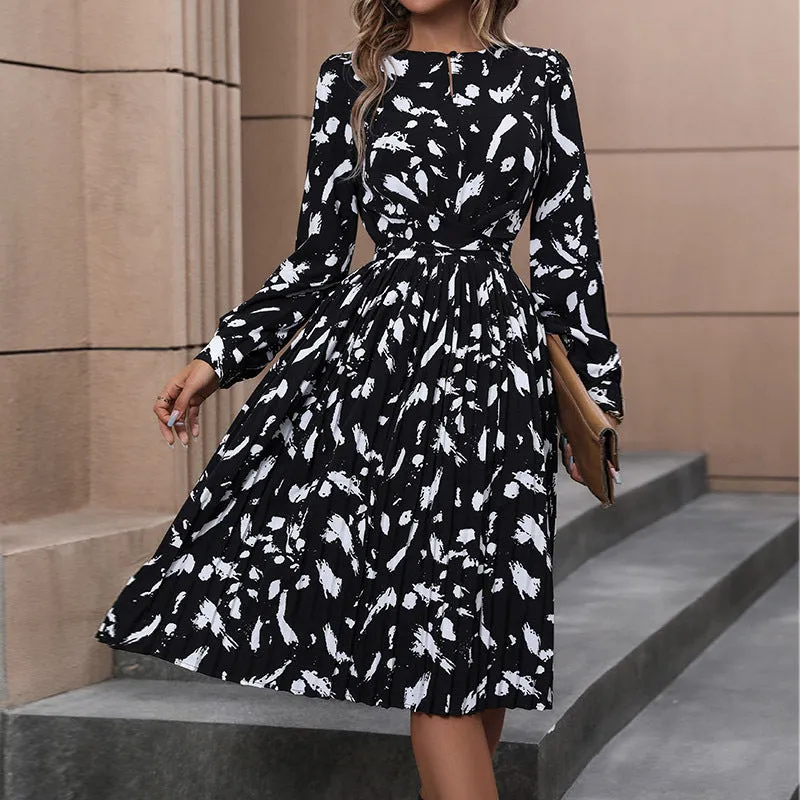 Black Printed Long Sleeve Fall Dresses Wholesale Womens Clothing N3824091200031