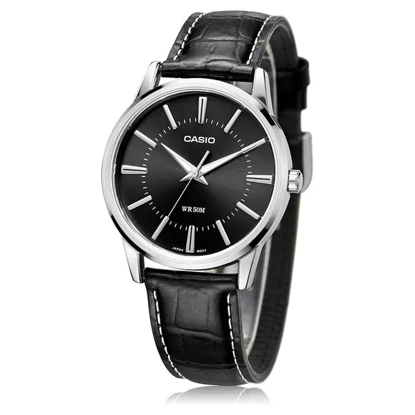 Casio Fashion Stylish Business Leather Strap Analog Watch 'Black Silver', black