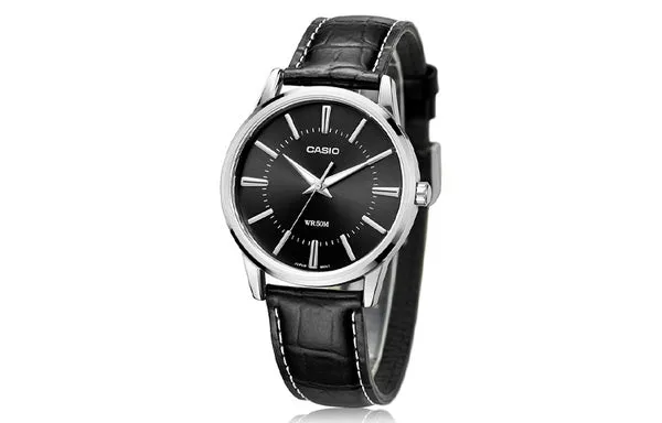 Casio Fashion Stylish Business Leather Strap Analog Watch 'Black Silver', black