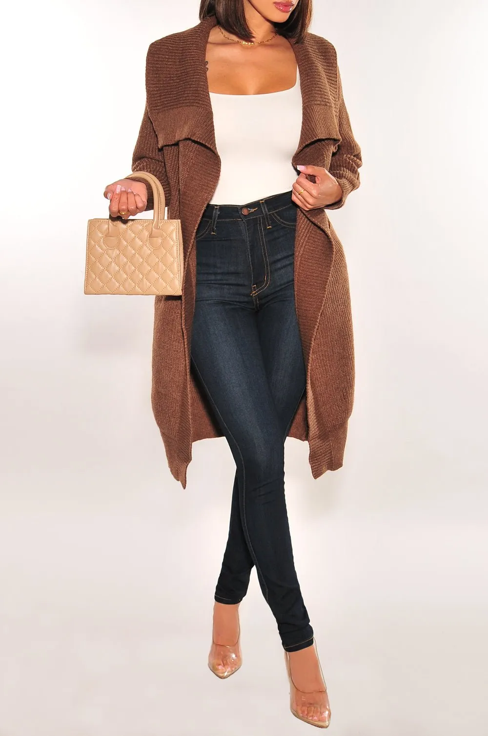 Chocolate Ribbed Long Sleeve Collared Cardigan Jacket