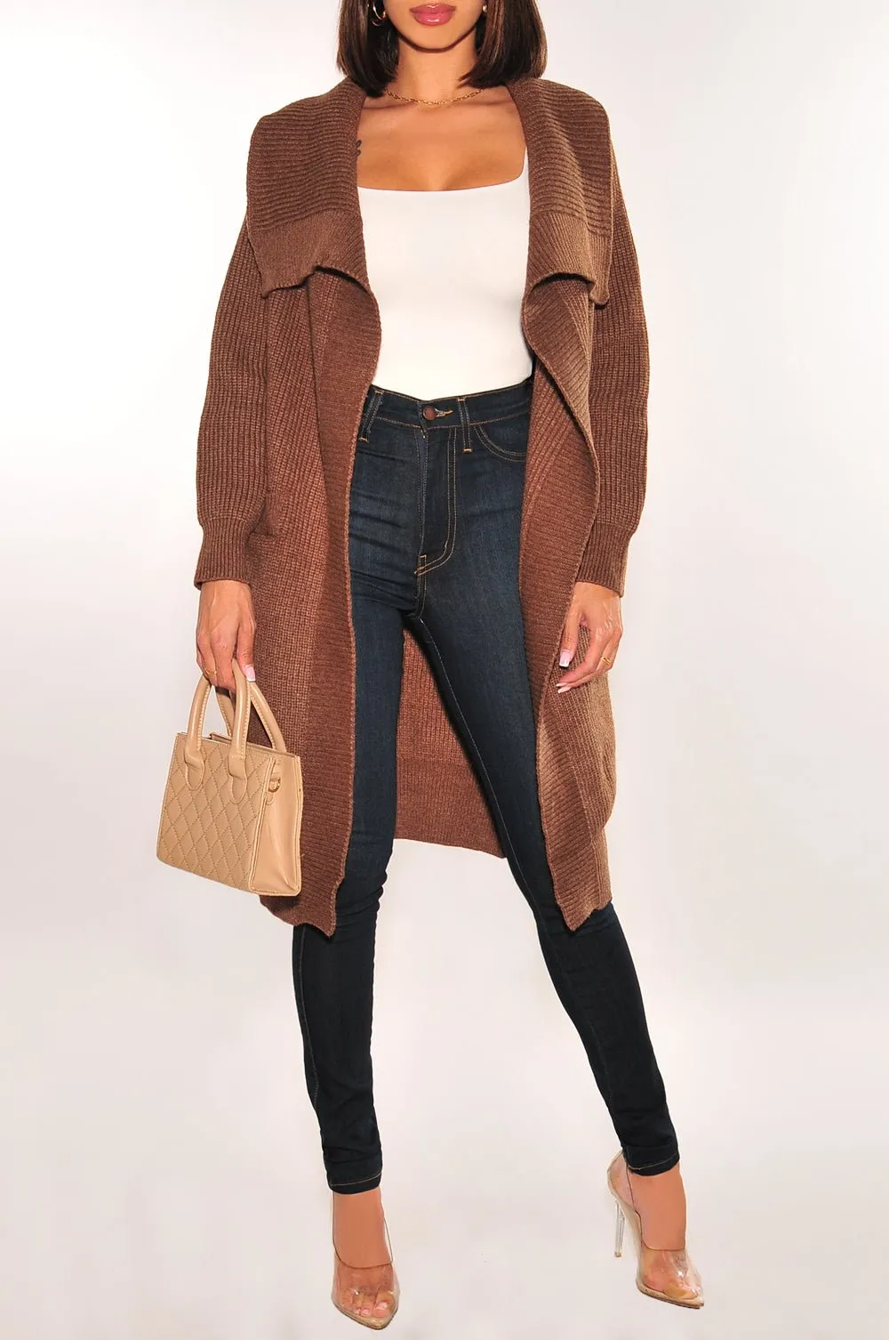 Chocolate Ribbed Long Sleeve Collared Cardigan Jacket