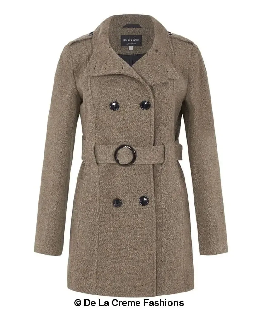 De La Creme - Womens Military Style Wool Belted Coat