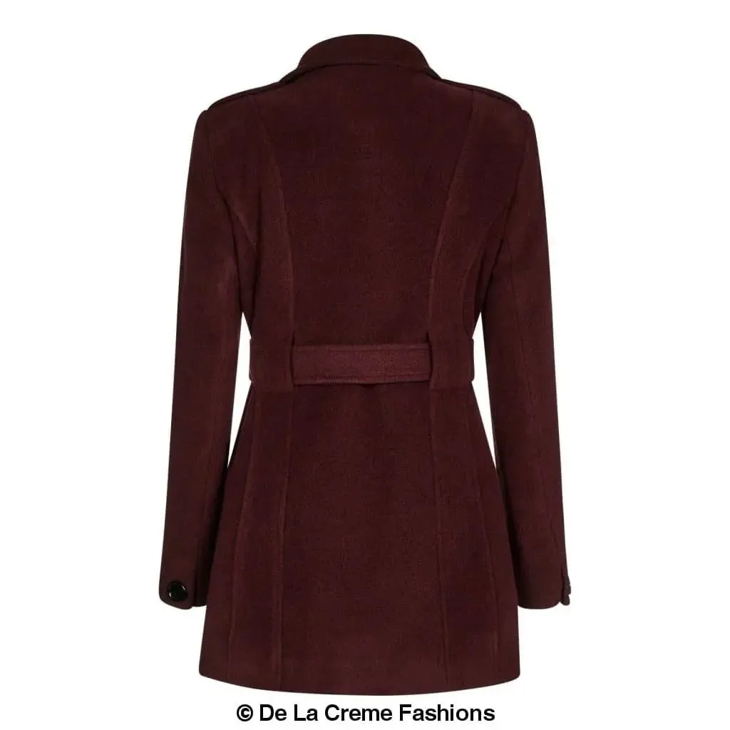 De La Creme - Womens Military Style Wool Belted Coat