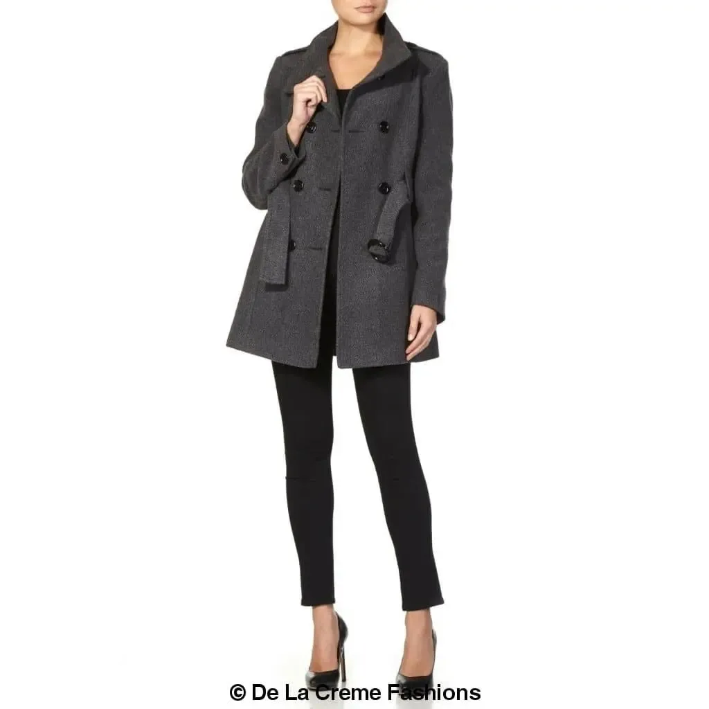 De La Creme - Womens Military Style Wool Belted Coat