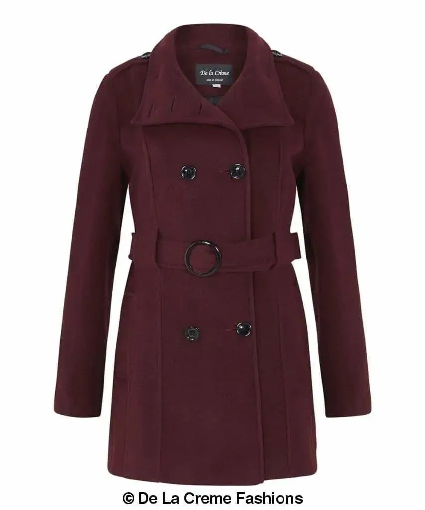 De La Creme - Womens Military Style Wool Belted Coat