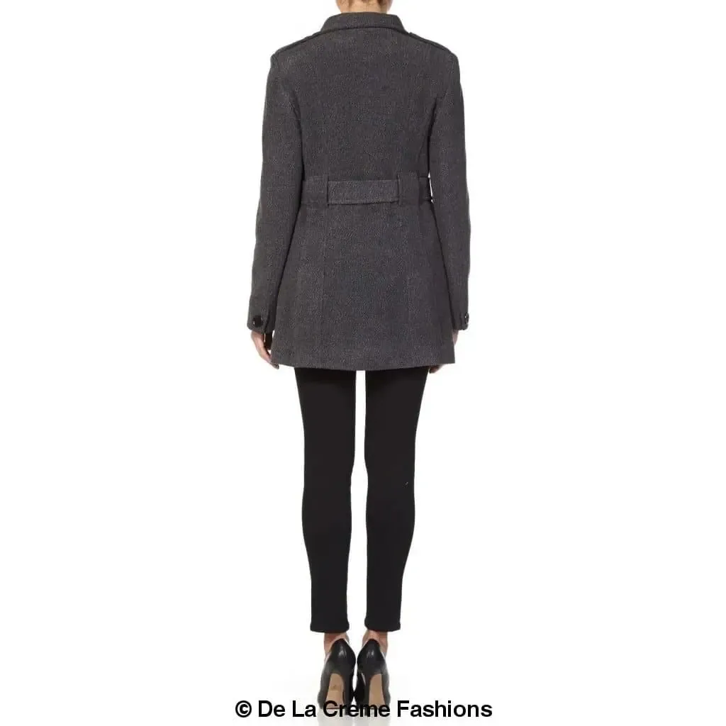 De La Creme - Womens Military Style Wool Belted Coat