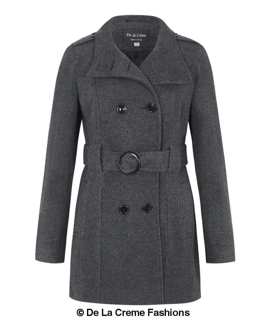 De La Creme - Womens Military Style Wool Belted Coat