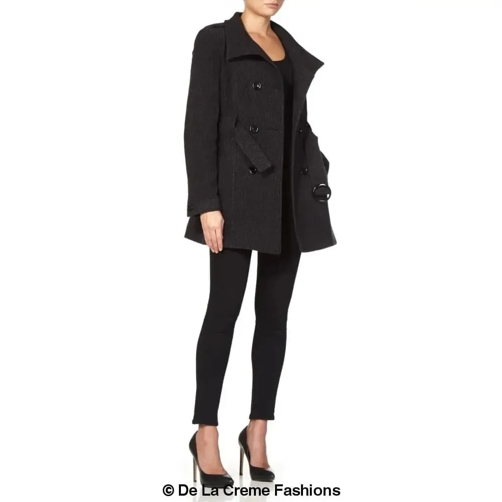 De La Creme - Womens Military Style Wool Belted Coat