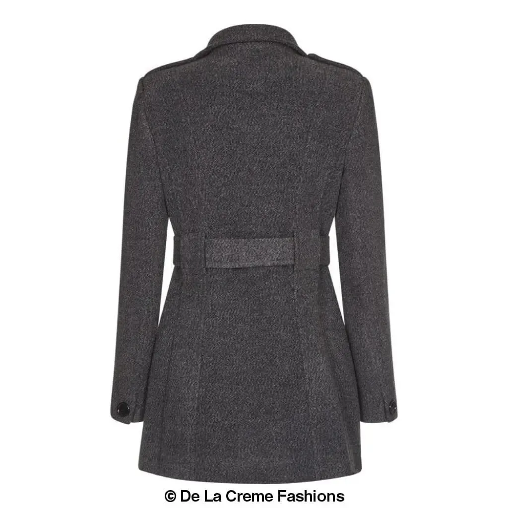 De La Creme - Womens Military Style Wool Belted Coat