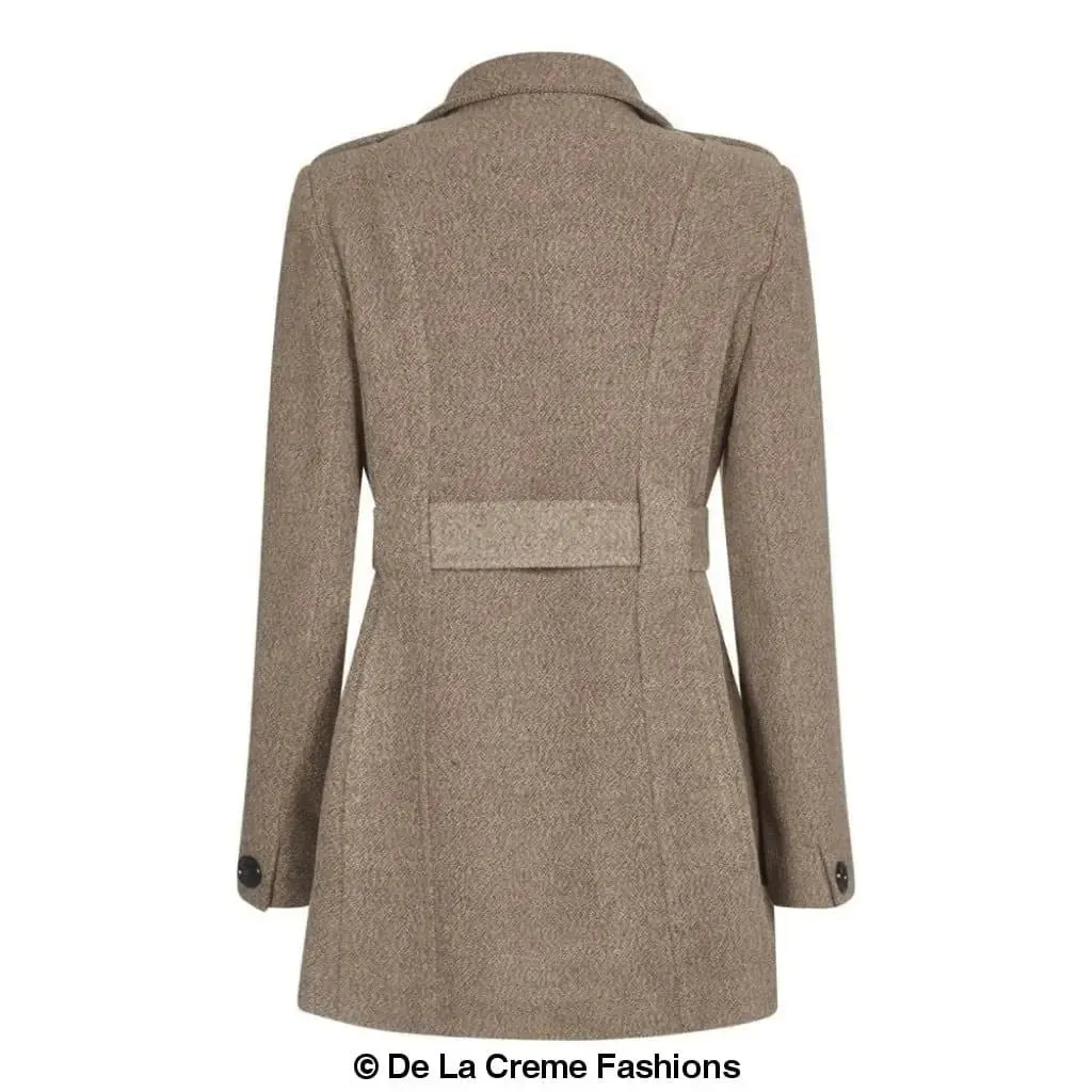 De La Creme - Womens Military Style Wool Belted Coat