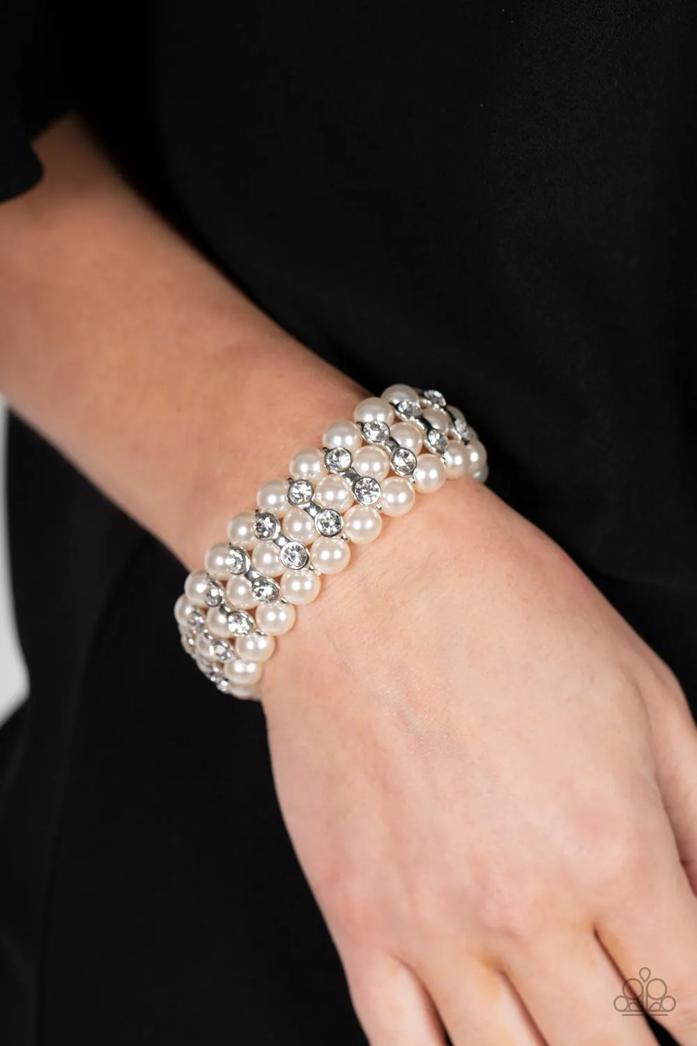 Eiffel Tower Elegance - White Pearl and Rhinestone Bracelet - Paparazzi Accessories