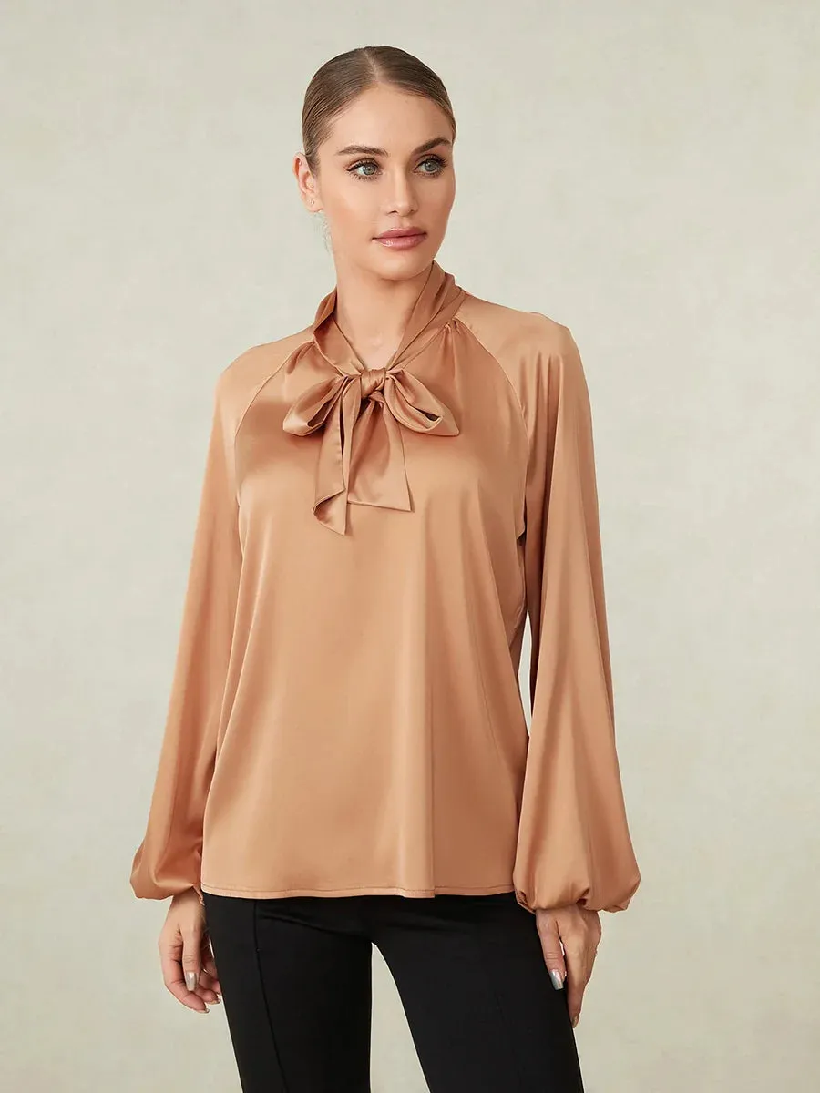 Elegnat Long Sleeve Tie-up Loose Solid Fall Office Tops Satin Blouse