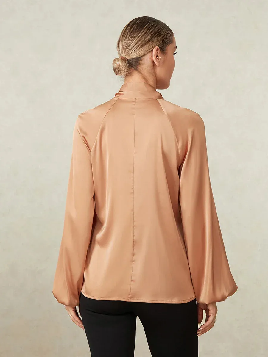 Elegnat Long Sleeve Tie-up Loose Solid Fall Office Tops Satin Blouse