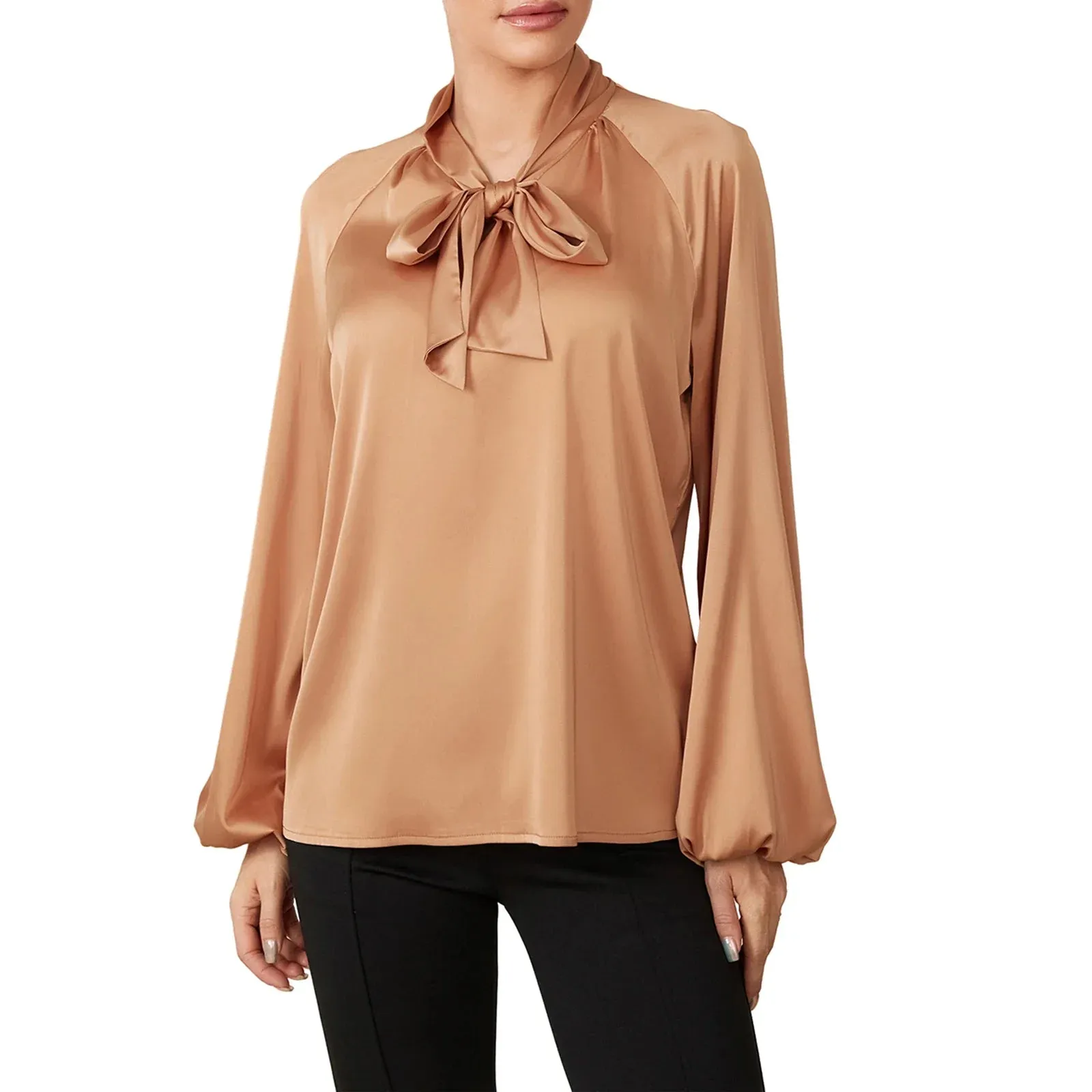 Elegnat Long Sleeve Tie-up Loose Solid Fall Office Tops Satin Blouse