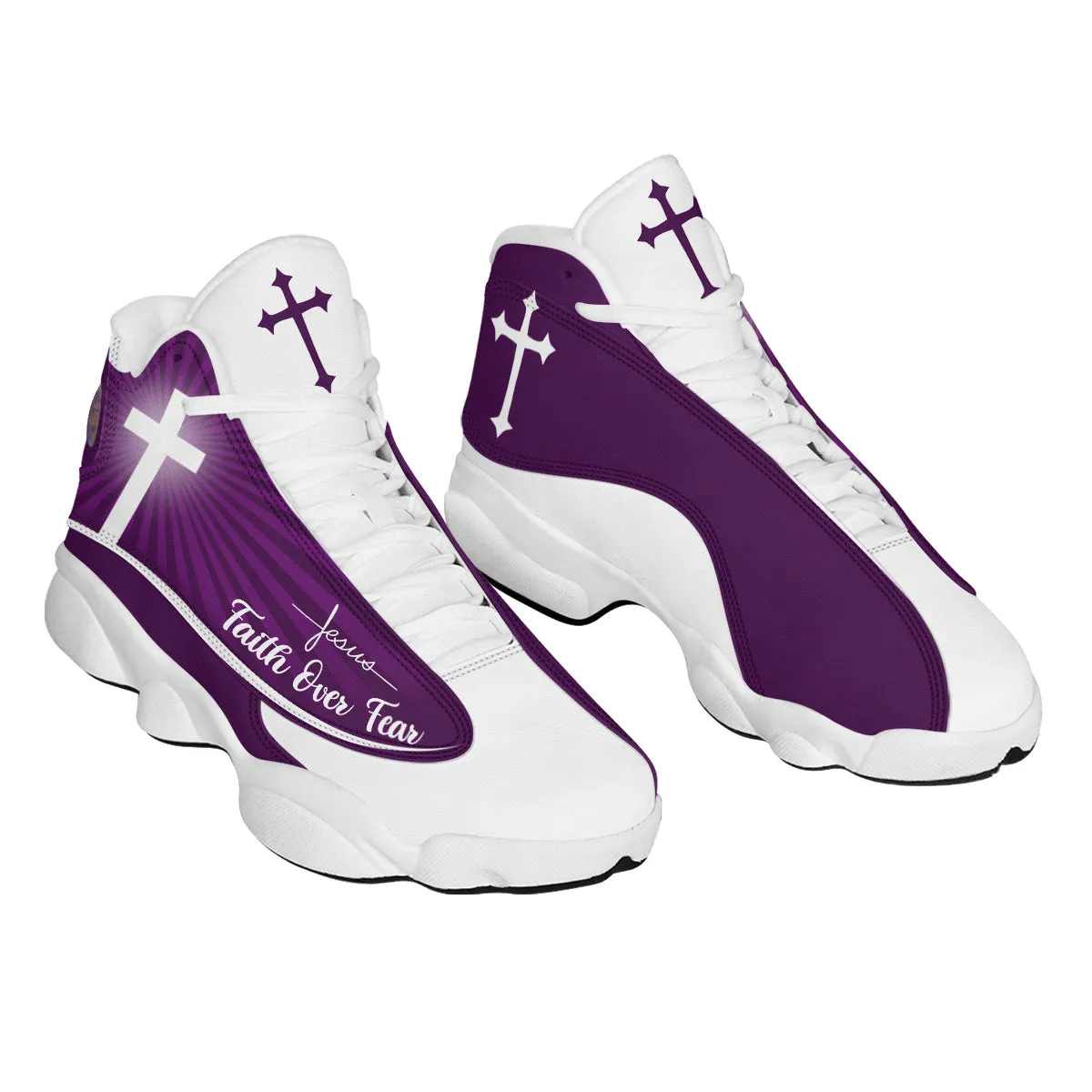 Faith Over Fear Personalized Purple Jesus Basketball Shoes For Men Women - Christian Shoes - Jesus Shoes - Unisex Basketball Shoes