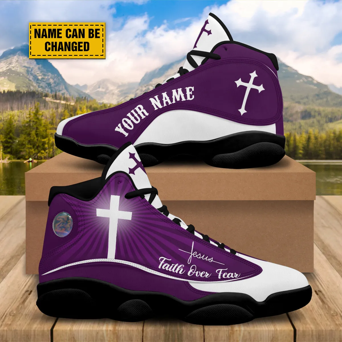 Faith Over Fear Personalized Purple Jesus Basketball Shoes For Men Women - Christian Shoes - Jesus Shoes - Unisex Basketball Shoes