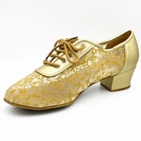 Go Go Dance Shoes, 5015, Gold Leather/Mesh, 1.5” Cuban Heel