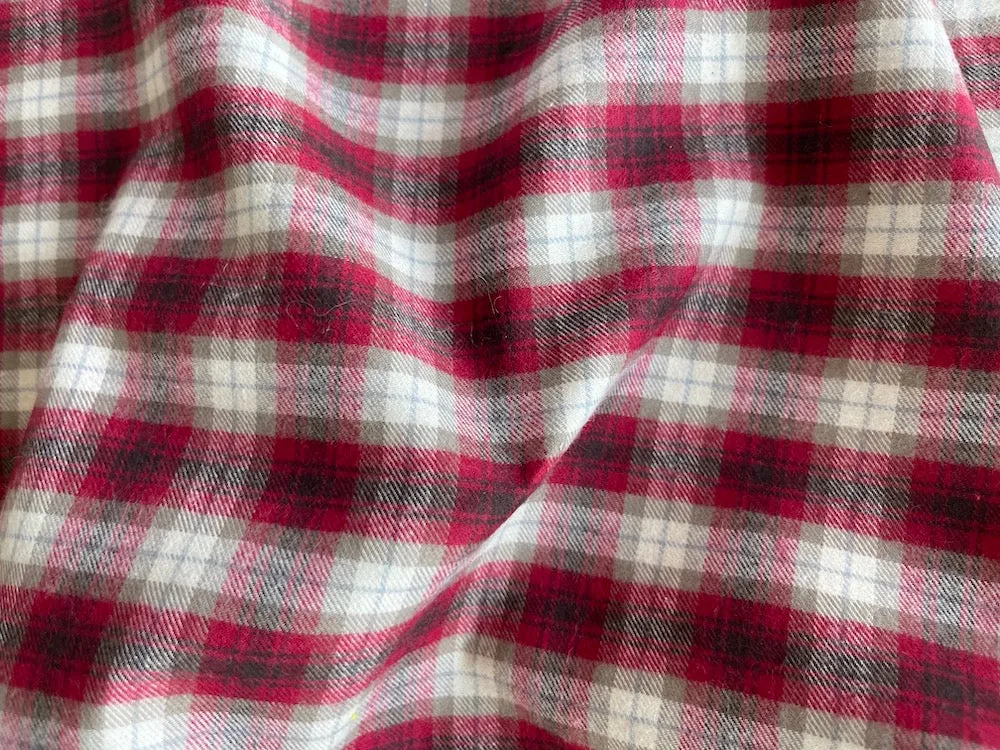 High-End Cranberry, Mouse & Ivory Plaid Brushed Cotton Shirting (Made in Italy)