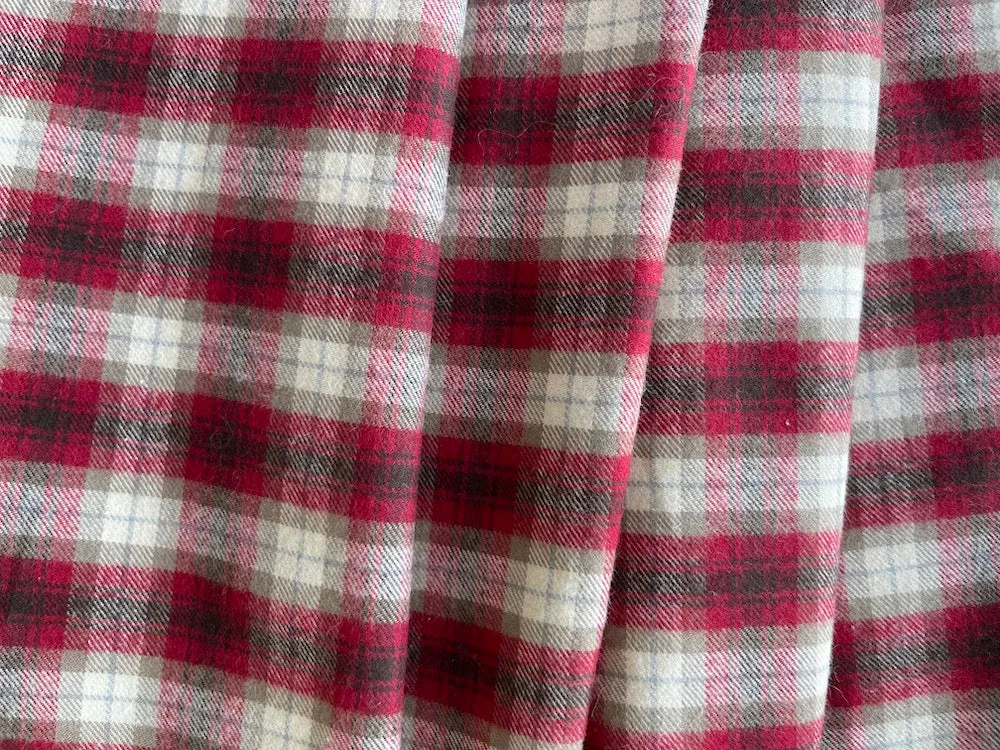 High-End Cranberry, Mouse & Ivory Plaid Brushed Cotton Shirting (Made in Italy)