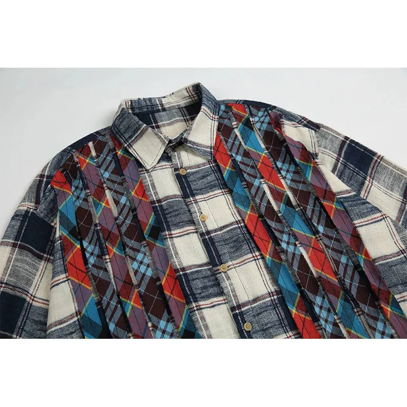 Japanese Streetwear Color Plaid Shirt Men Clothing with Patchwork