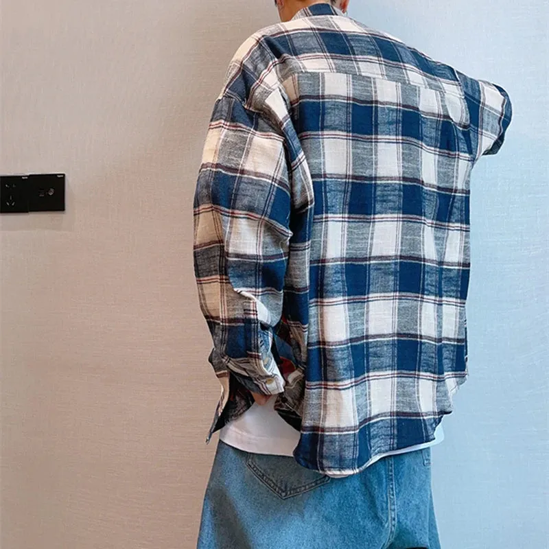 Japanese Streetwear Color Plaid Shirt Men Clothing with Patchwork