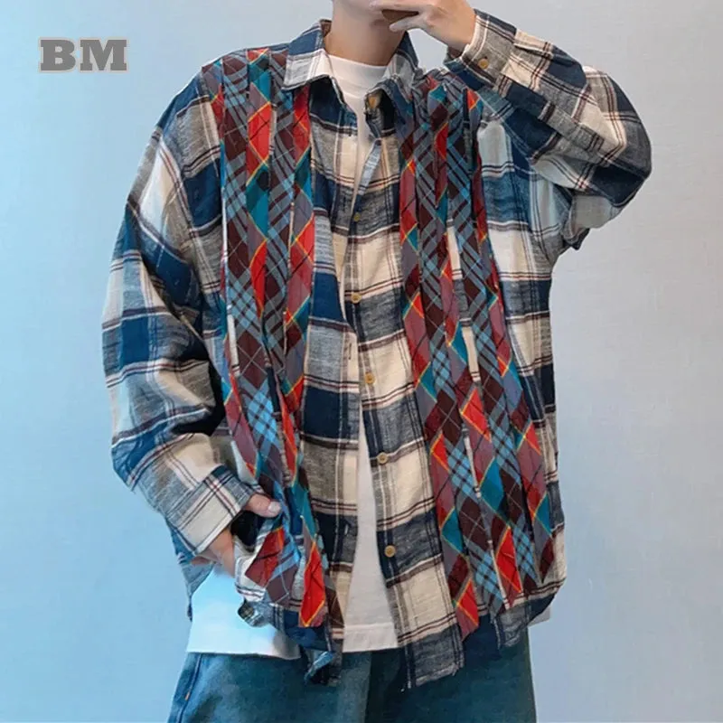 Japanese Streetwear Color Plaid Shirt Men Clothing with Patchwork