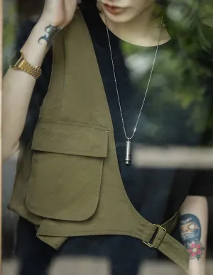 Maden Japanese Retro Military Green Functional Cargo Women's Vest Lightweight Sleeveless Asymmetric Men Women Vest