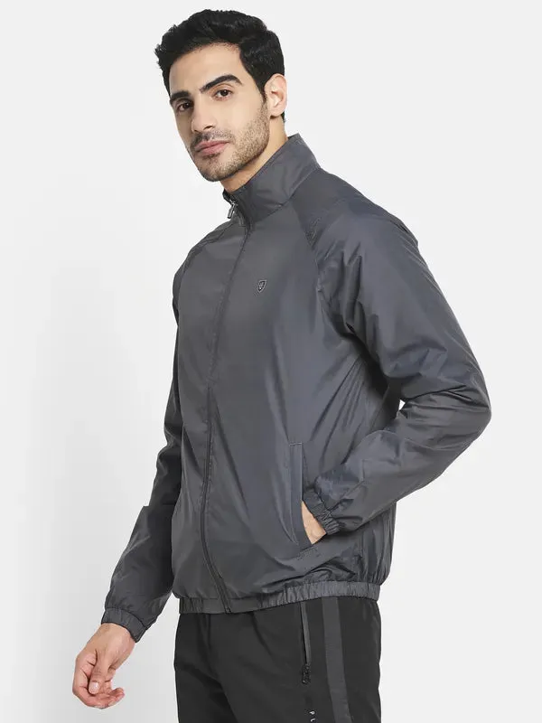 Men Grey Geometric Sporty Jacket