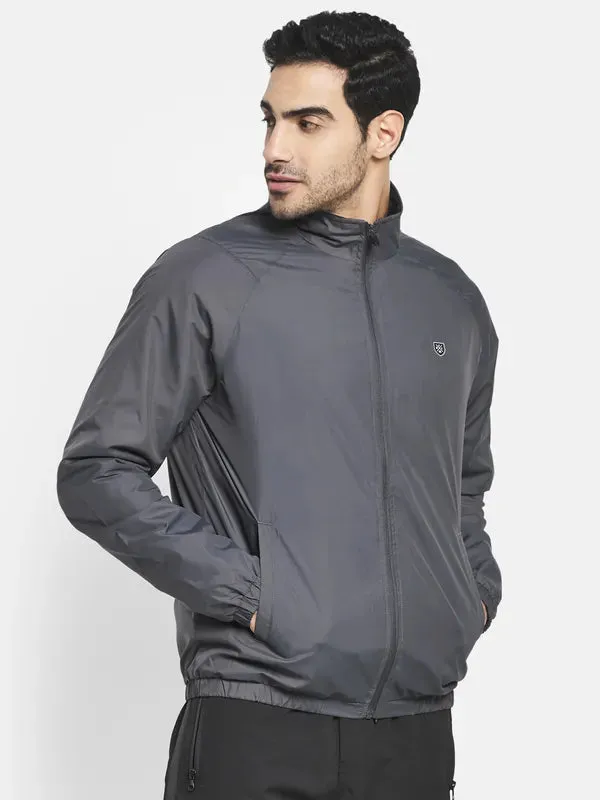 Men Grey Geometric Sporty Jacket