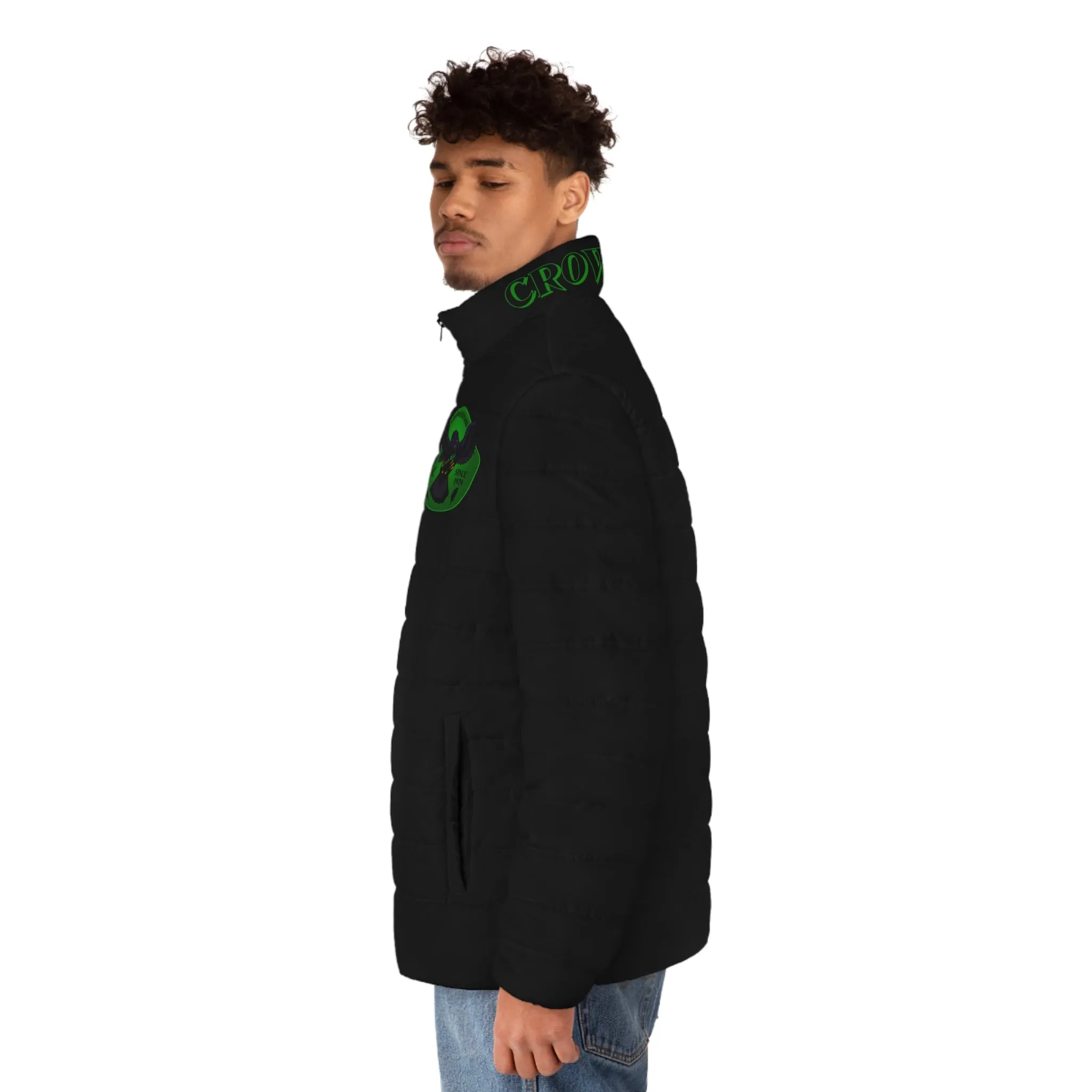 Men's CROWGODSHI 2nd GEN Puffer Jacket, BLACK W/ GREEN LOGO