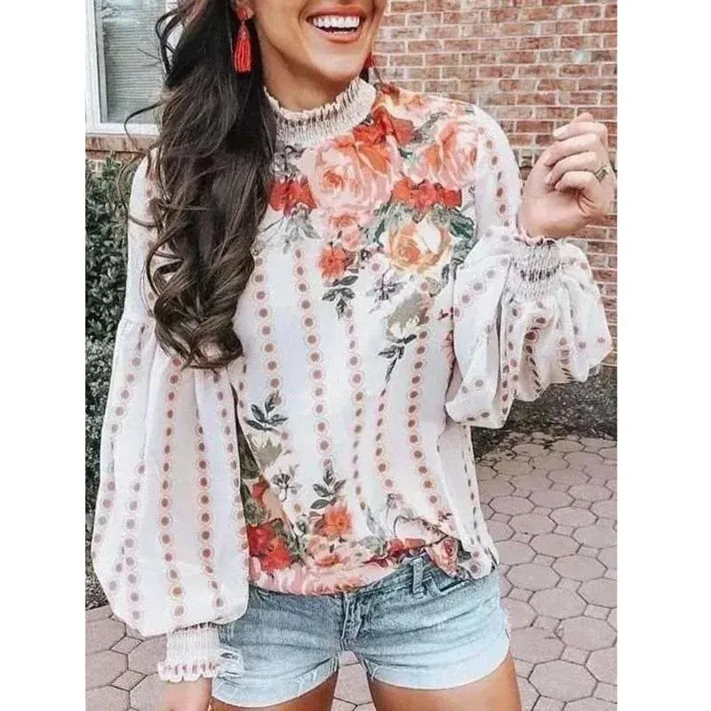 Printed Floral Korean Puff Office Lady Blusas Blouse