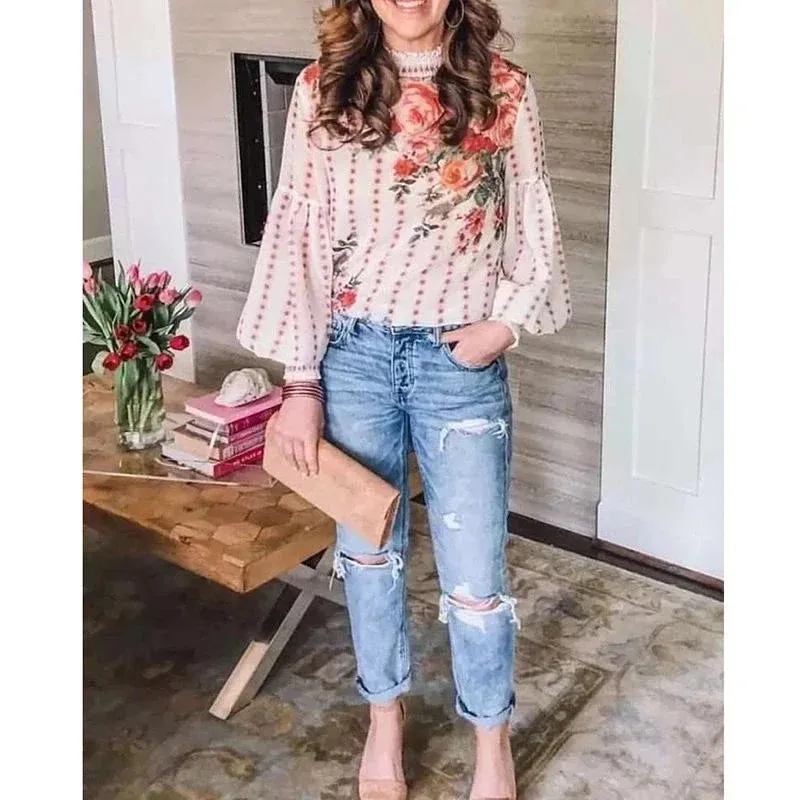 Printed Floral Korean Puff Office Lady Blusas Blouse