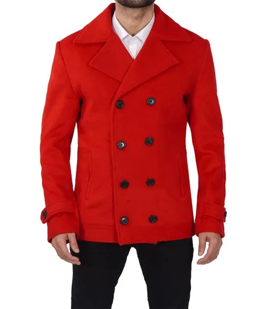 Red Double Breasted Wool Peacoat Mens - Vibrant Classic Outerwear