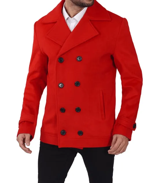 Red Double Breasted Wool Peacoat Mens - Vibrant Classic Outerwear