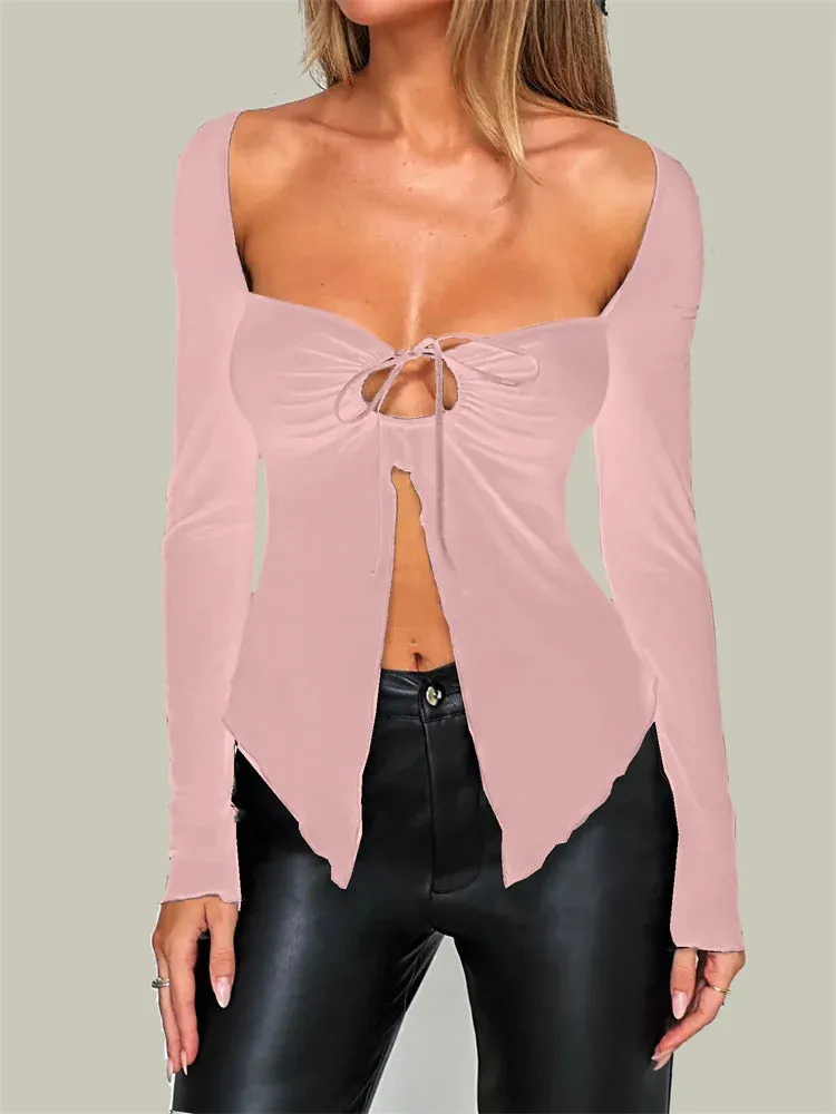 Solid Color Cutout Square Neck Low Cut Long Sleeve Slim Fit Front Tie-up Blouse for Women