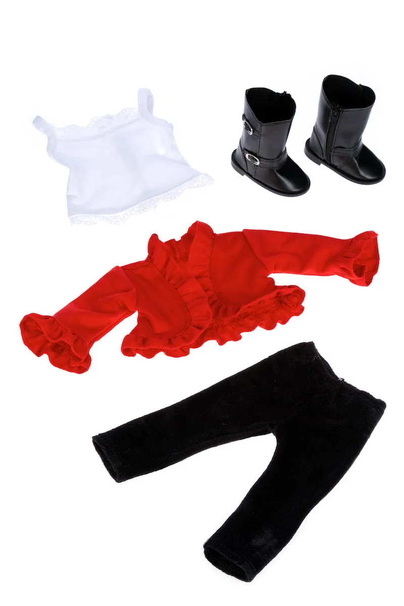 Uptown Girl - Clothes for 18 inch Doll - 4 Piece Outfit - Red Ruffled Jacket, White Tank Top, Black Leggings and Boots