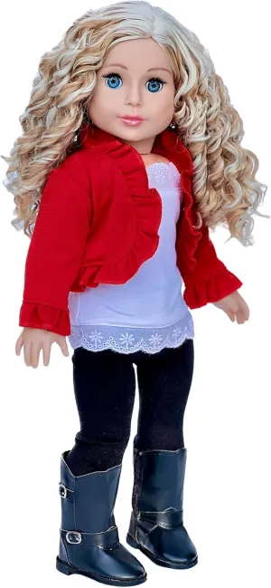 Uptown Girl - Clothes for 18 inch Doll - 4 Piece Outfit - Red Ruffled Jacket, White Tank Top, Black Leggings and Boots