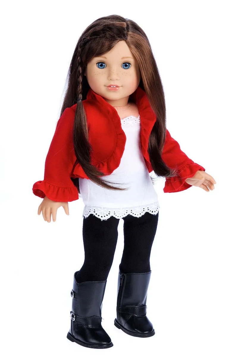 Uptown Girl - Clothes for 18 inch Doll - 4 Piece Outfit - Red Ruffled Jacket, White Tank Top, Black Leggings and Boots