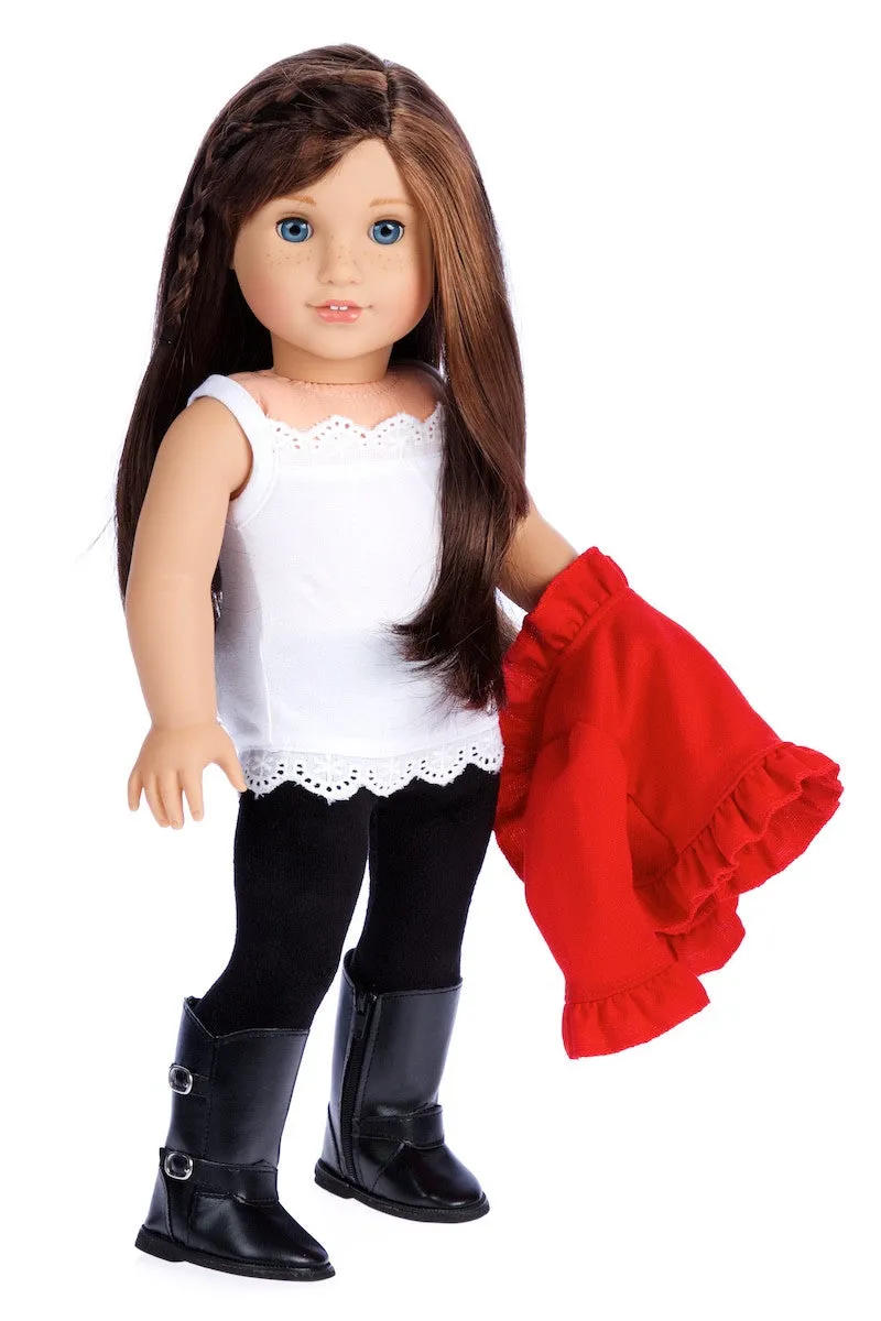 Uptown Girl - Clothes for 18 inch Doll - 4 Piece Outfit - Red Ruffled Jacket, White Tank Top, Black Leggings and Boots