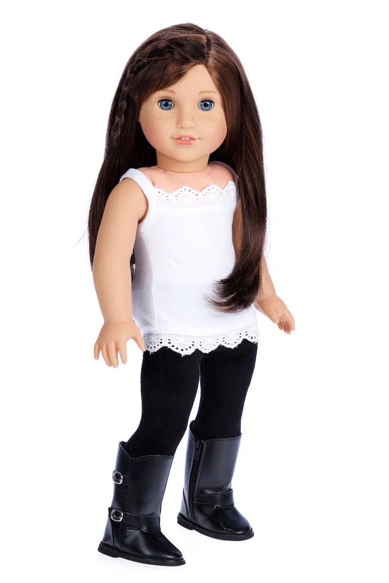 Uptown Girl - Clothes for 18 inch Doll - 4 Piece Outfit - Red Ruffled Jacket, White Tank Top, Black Leggings and Boots