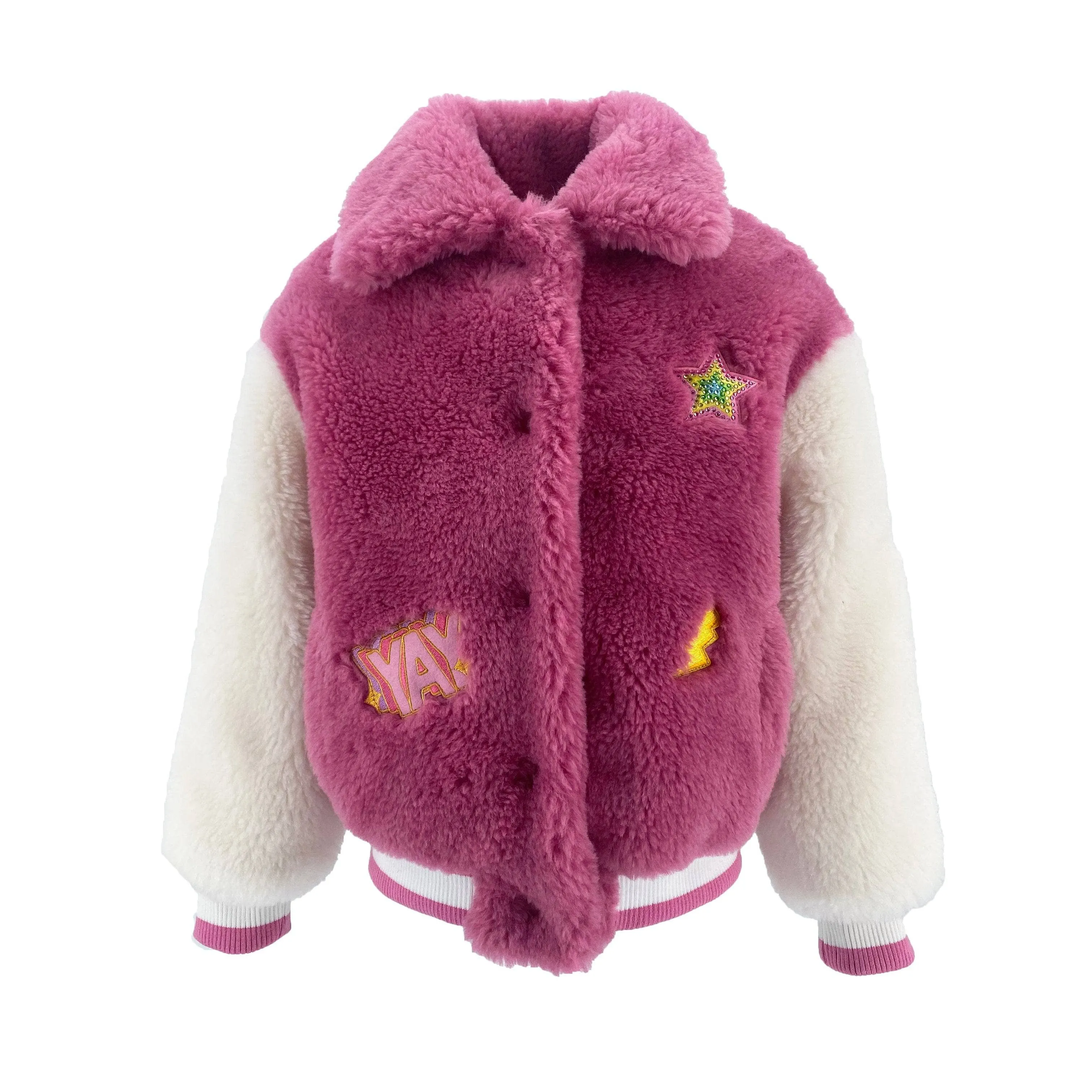 Varsity Patch Faux Fur Bomber