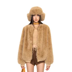 WildWorld Baseball Faux Fur Jacket In Wheat