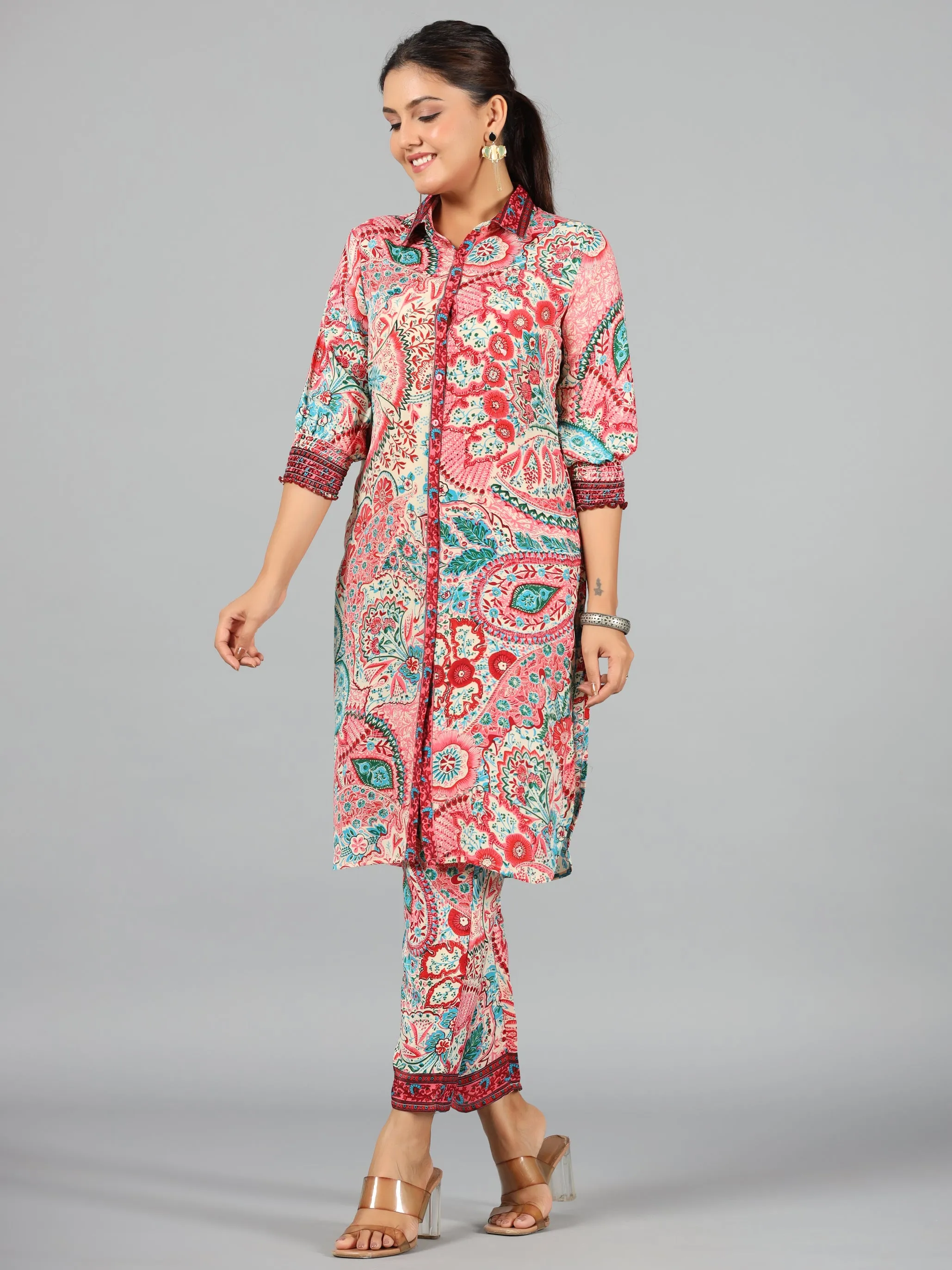 Women Beige Kasturi Silk Printed Clothing Set