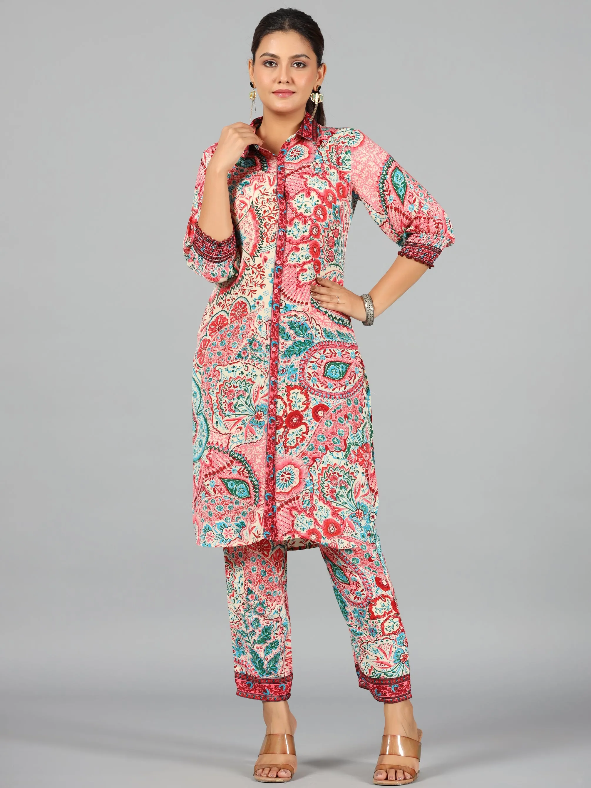 Women Beige Kasturi Silk Printed Clothing Set