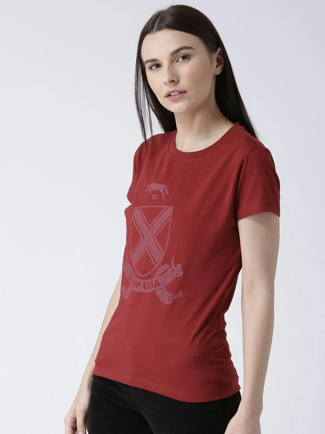 Women Red Solid Round Neck T-shirt